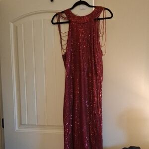 Sequined Sleeveless Evening Gown with Beaded Shoulder Chains
